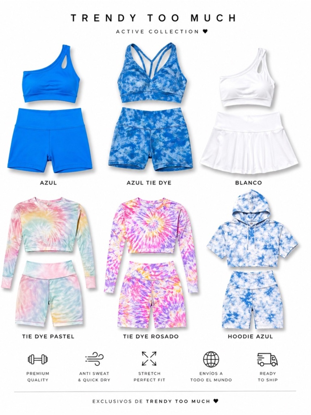 Trendy Too Much Activewear Set - Azul Tie Dye Sports Bra & Shorts